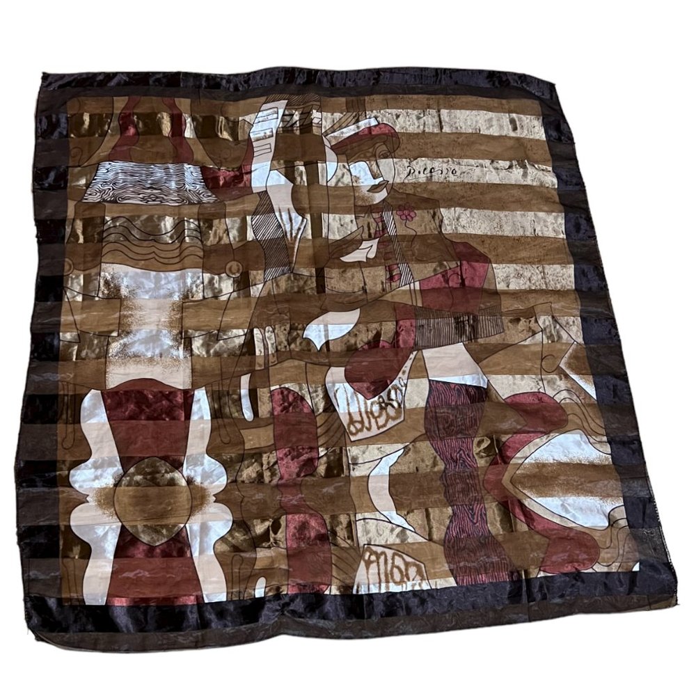 Vintage Paloma Picasso Cubism-Style Art Viscose Scarf in Earth Tones, 38" x 38"